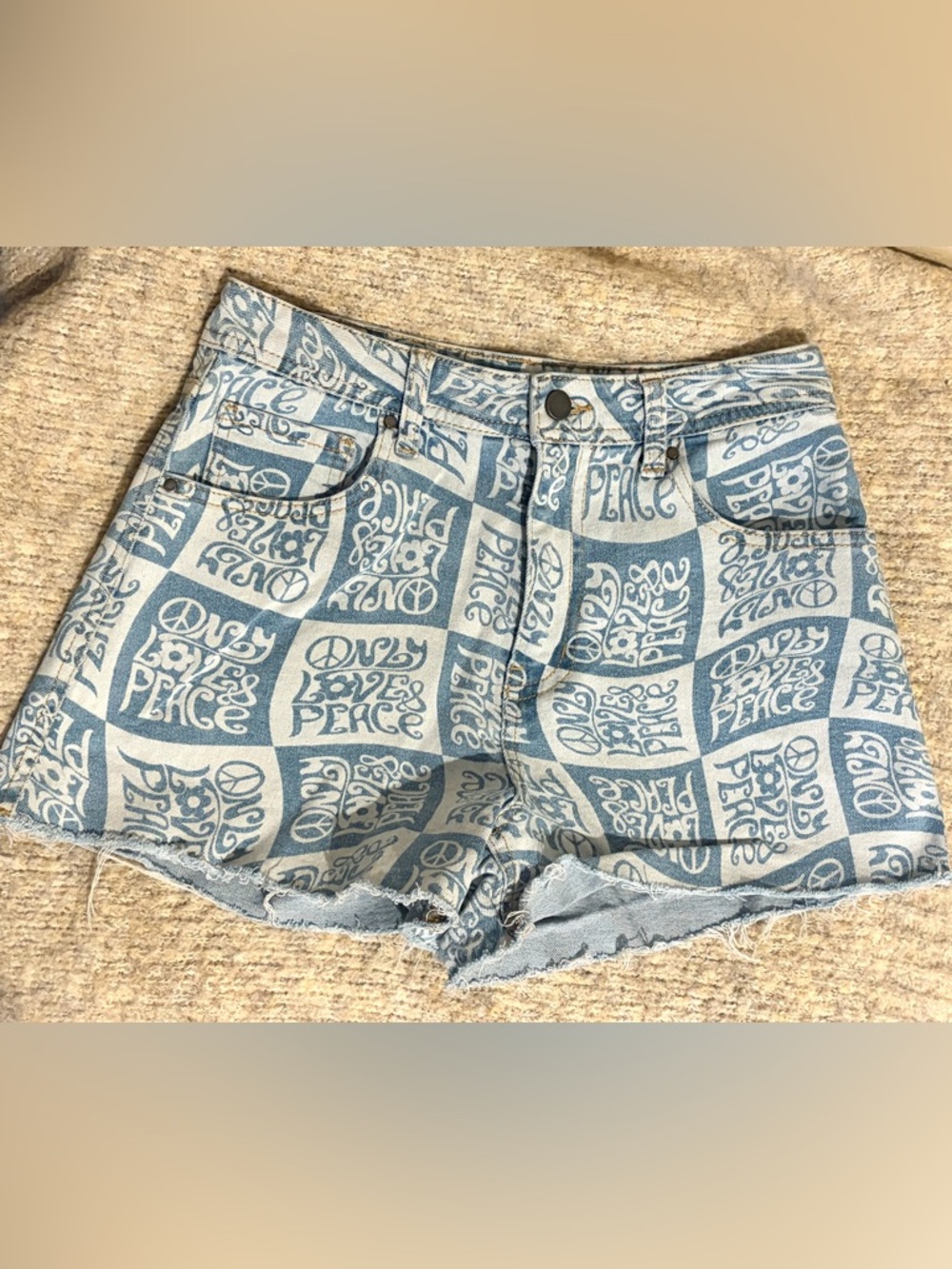 Tinseltown Peace Print Denim Shorts Blue Checkered Indie Festival Y2K- Size 9